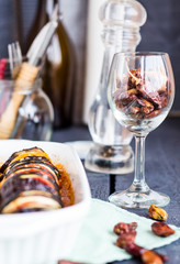 glass with spice, dried chilli, Ratatouille in white casserole