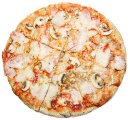 Pizza with mushrooms cheese and ham isolated on white background