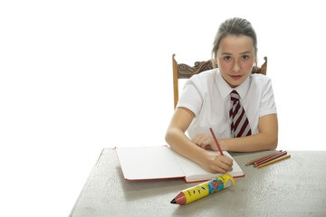 Young schoolgirl sitting doing her homework