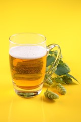 Pint of beer and the twig Hops (Humulus L.)