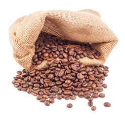 Coffee beans in bag isolated on white background