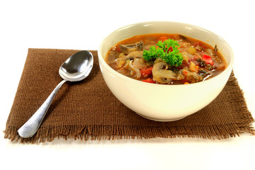 Cabbage, vegetables and mushrooms vegetarian soup