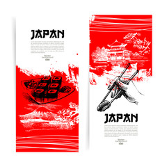 Fototapeta premium Set of Japanese sushi banners. Sketch illustrations for menu