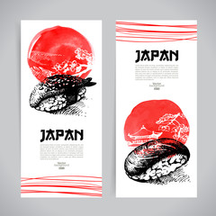 Fototapeta premium Set of Japanese sushi banners. Sketch illustrations for menu