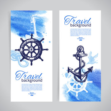 Set of travel banners. Sea nautical design. Hand drawn sketch