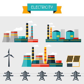 Electricity set of industry power plants in flat design style.