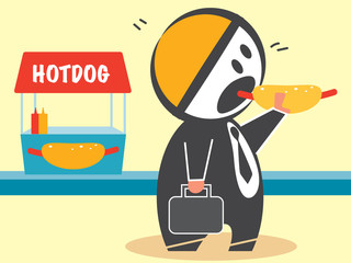 Businessman eating hotdog