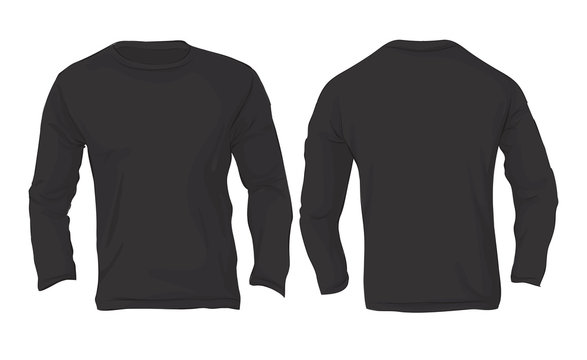 Men's Long Sleeved T-Shirt Template, Black Color