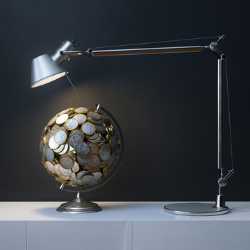 Globe Created Of Euro Coins Under The Lamp In Interior Room