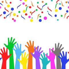 Holiday background - colorful hand people, confetti, tinsel