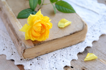 Yellow rose laying upon vintage book on lace doily