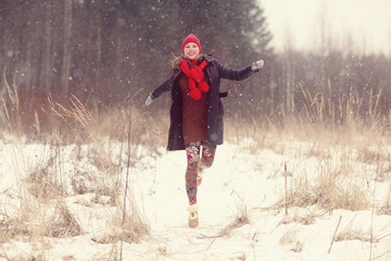 happy girl winter snow runs