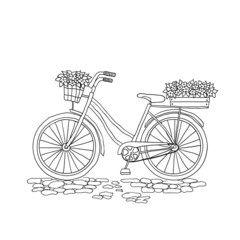 Bicycle with a basket of flowers - obrazy, fototapety, plakaty