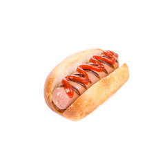 Tasty hot dog with ketchup.