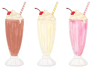 Küchenrückwand glas motiv Milkshakes - chocolate, vanilla/banana and strawberry © lplusd