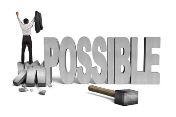 cheering man standing on cracked impossible 3D concrete word