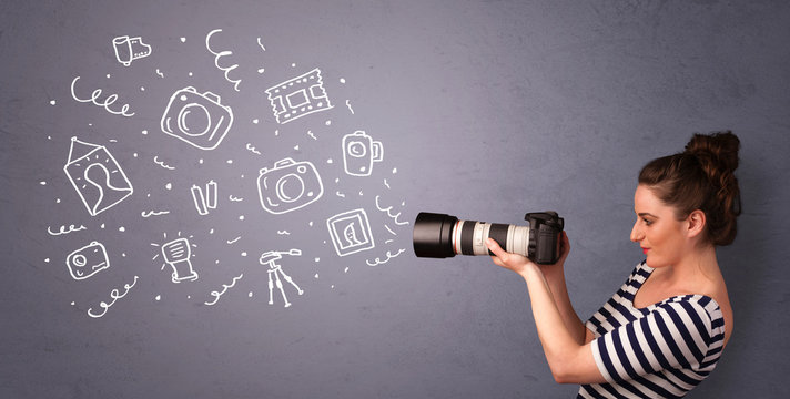 Photographer girl shooting photography icons
