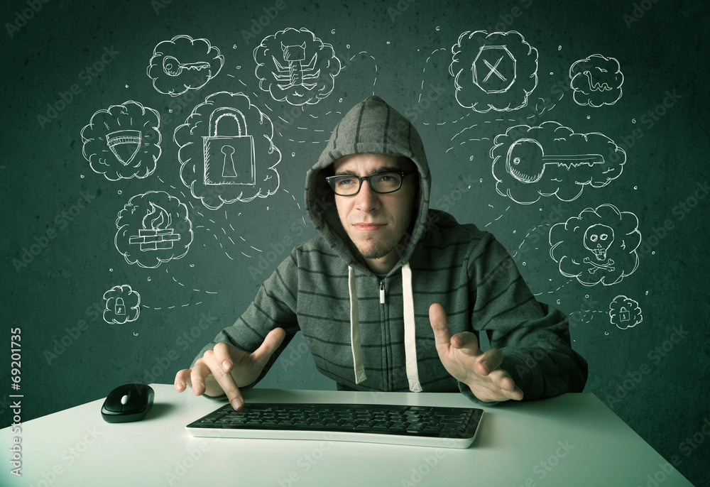 Aufkleber Young nerd hacker with virus and hacking thoughts