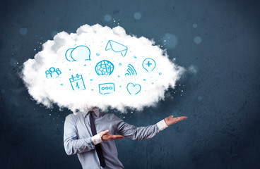 Man in suit with cloud head and blue icons