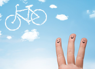 Happy smiley fingers looking at a bicycle shapeed cloud