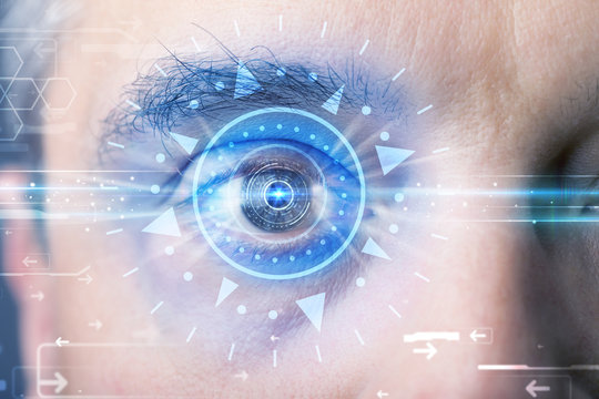 Cyber Man With Technolgy Eye Looking Into Blue Iris