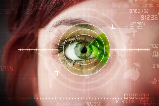 Cyber woman with modern military target eye