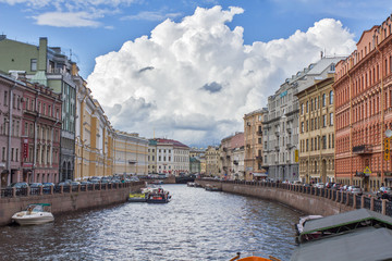 River channel with boats in Saint-Petersburg. Summer