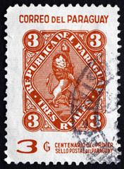 Postage stamp Paraguay 1970 Vigilant Lion Supporting Liberty Cap