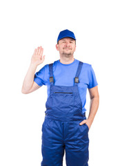 Worker in blue overalls.