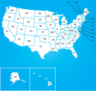 Illustration of Map of the USA with name of each states