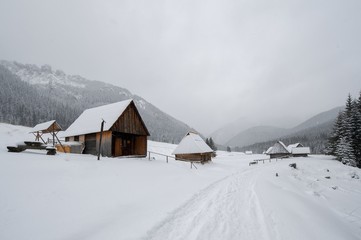 Krajobraz górski, zima, góralska chata