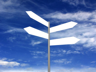 Signpost on beautiful background of blue sky. 3D render.