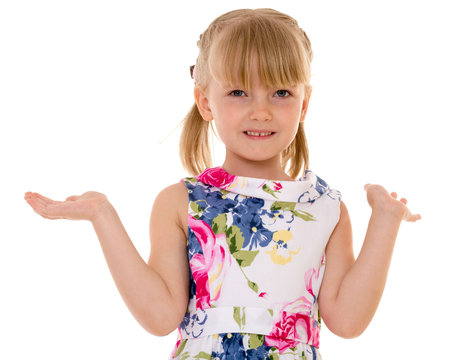 positive surprised little girl waving hands.