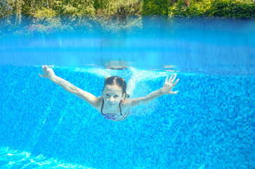 Child swims in swimming pool, underwater and above view
