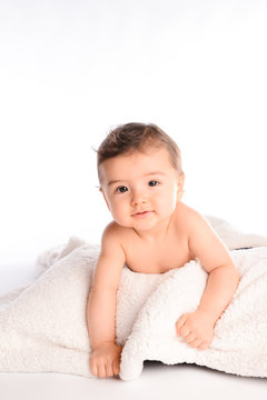isolated studio portrait lovely toddler baby boy playing