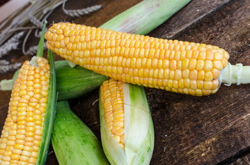 Raw corn on wood table