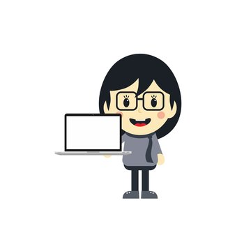 cute girl with laptop cartoon character