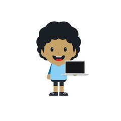 adorable boy with laptop cartoon character
