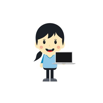 cute girl with laptop cartoon character