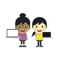 cute girl with laptop cartoon character