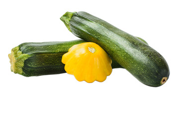 Green and yellow squash and zucchini on a white background