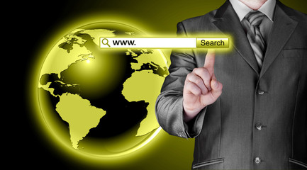 Businessman pushing virtual search bar