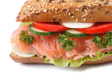 sandwich with salmon and vegetables macro isolated