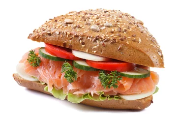 Zelfklevend Fotobehang sandwich with salmon and vegetables closeup isolated side © FomaA