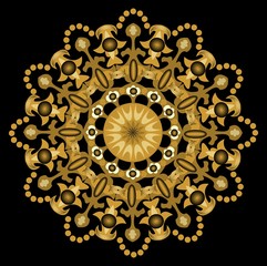 Gold geometric symmetric motif on the black background