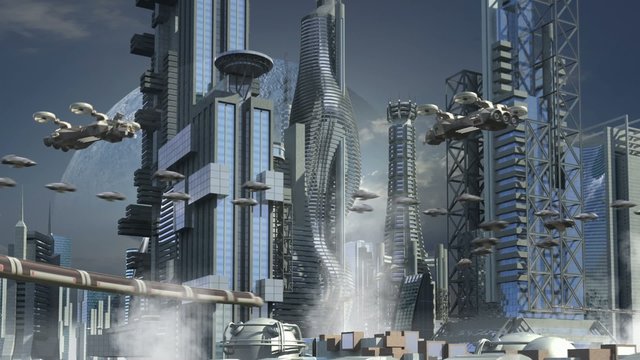 Futuristic cityscape with skyscrapers and hoovering aircrafts