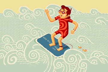 Серфингист на кредитной банковской карте покоряет волну.