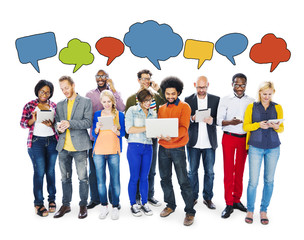 Naklejka premium People Using Technology Devices and Speech Bubbles