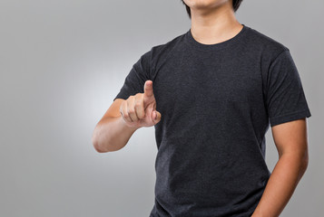 Man touch on imaginary panel