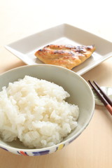 Japanese steamed pearl rice nad grilled miso fish